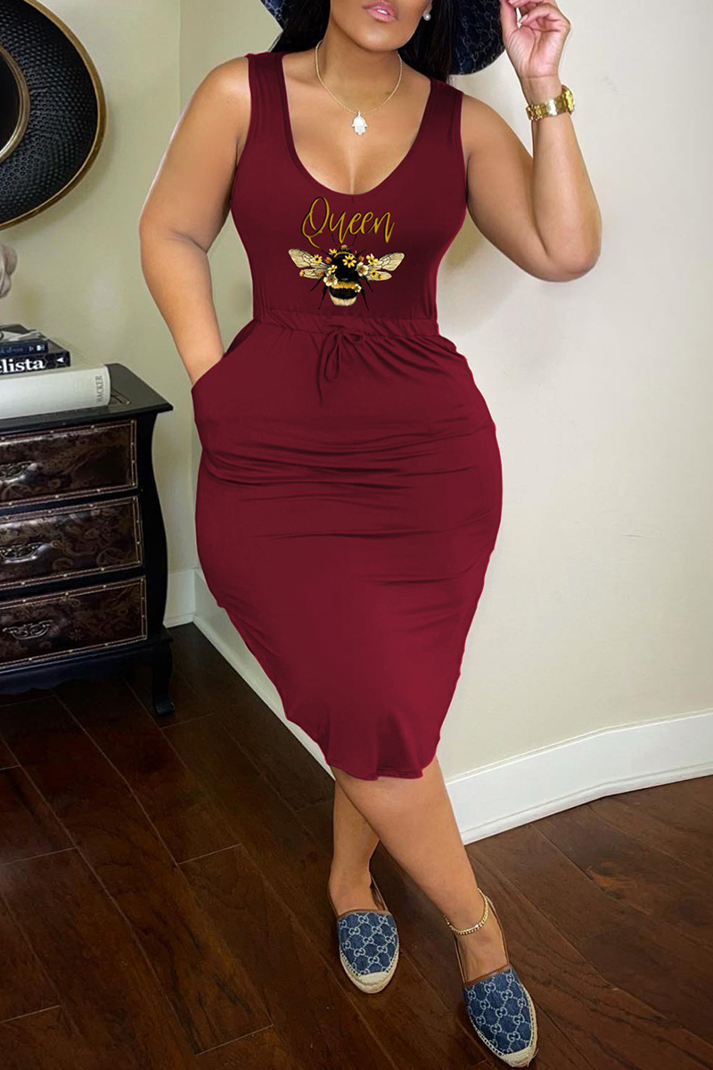 

Burgundy Sexy Casual Print Basic U Neck Vest Dress Dresses