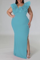 Голубое сексуальное однотонное лоскутное длинное платье с разрезом и V-образным вырезом Платья больших размеров