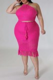 Rose Red Sexy Solid Backless Cross Straps O Neck Plus Size Two Pieces