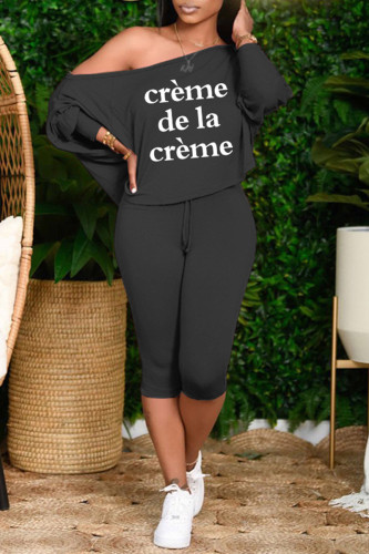 Black Casual Letter Print Basic Oblique Collar Long Sleeve Two Pieces