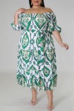 グリーン カジュアル プリント バックレス オフショルダー 半袖 ドレス プラスサイズ ドレス