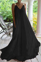 ブラック カジュアル ソリッド パッチワーク Vネック ロングドレス ドレス