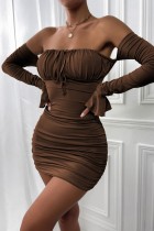 Dark Coffee Sexy Solid Backless Fold Off the Shoulder Long Sleeve Dresses