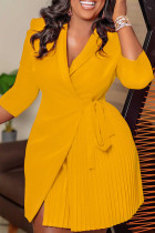Amarillo casual elegante sólido vendaje patchwork doblar cuello vuelto vestidos rectos