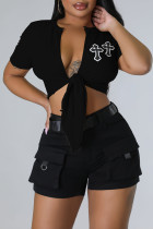 Black Sexy Casual Print Bandage V Neck T-Shirts