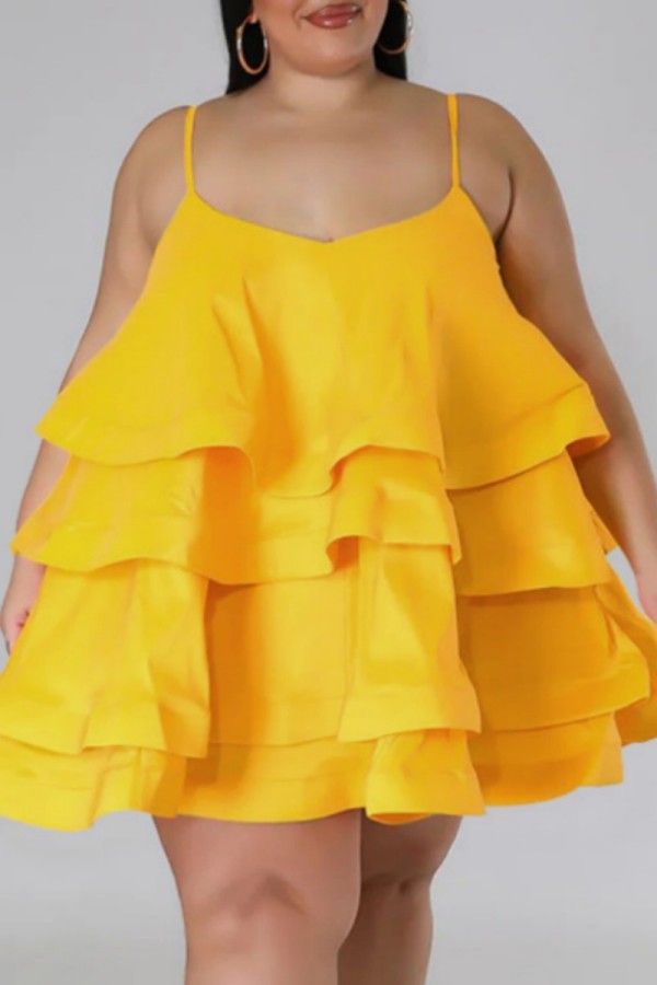 Amarillo sexy casual sólido patchwork sin espalda correa de espagueti honda vestido más vestidos de tamaño