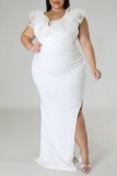 Vestido largo con escote en V y abertura de patchwork sólido sexy blanco Vestidos de talla grande