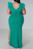 Vestido longo verde sexy patchwork com decote em V vestidos tamanho grande
