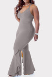 Grey Sexy Casual Solid Backless V Neck Skinny Jumpsuits