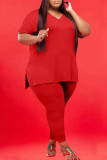 Red Casual Solid Slit V Neck Plus Size Two Pieces