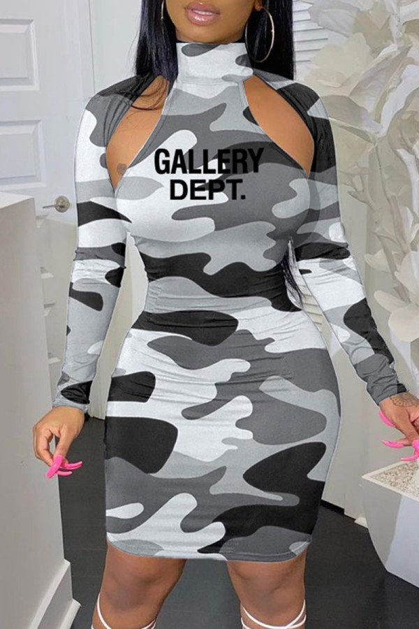 Grå Sexig Casual Letter Camouflage Print urholkade långärmade klänningar