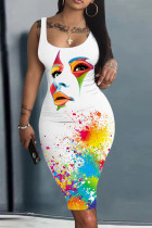 White Sexy Casual Rainbow Print Basic U Neck Vest Tank Bodycon Midi Dress