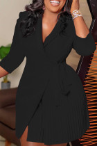 Negro casual elegante sólido vendaje patchwork doblar cuello vuelto vestidos rectos