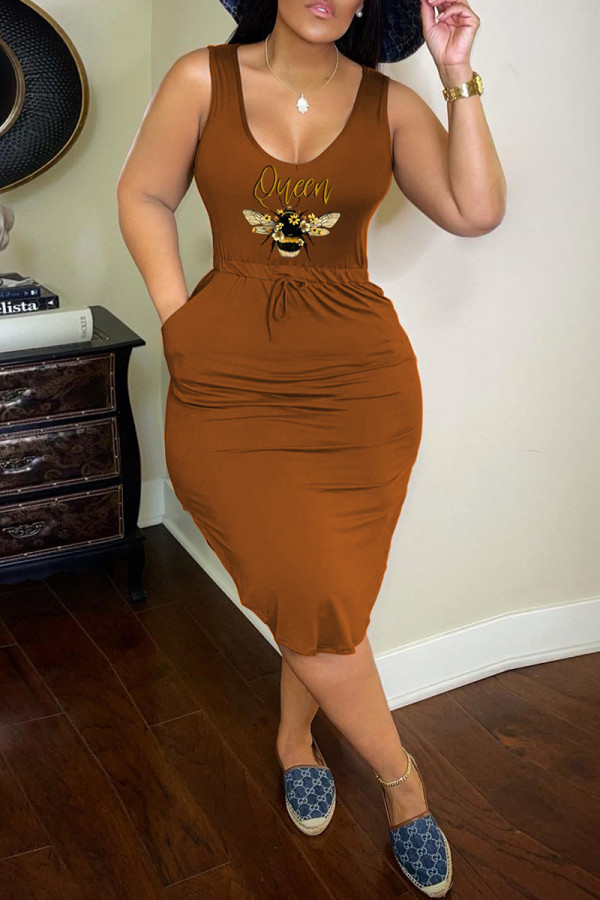 Brown Sexy Casual Print Basic U Neck Vest Dress Dresses