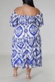 Blauwe casual print rugloze off-shoulder jurk met korte mouwen Grote maten jurken