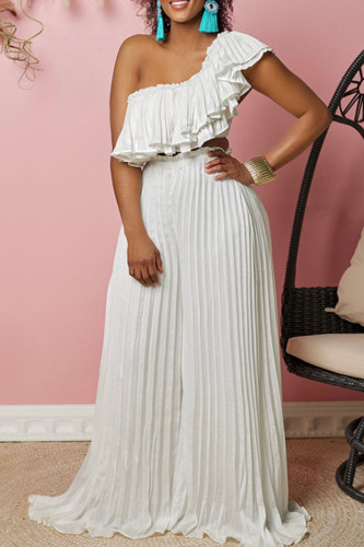White Sexy Solid Patchwork Flounce Fold Oblique Collar Sleeveless Two Pieces