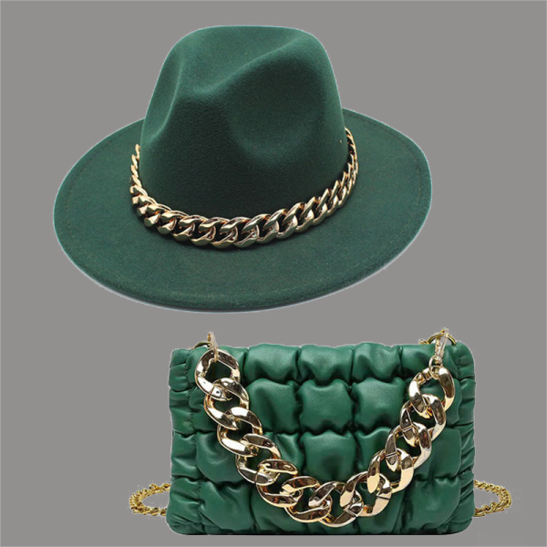 Sombrero de cadenas de retazos de celebridades de la calle verde tinta (sombrero + bolsa)