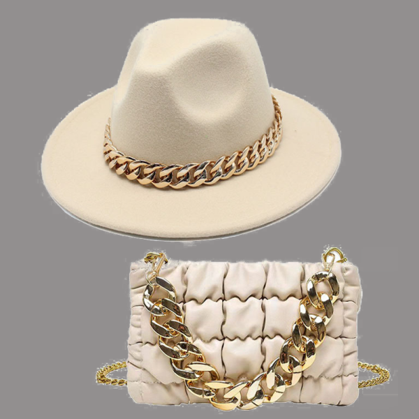 Бежевая шляпа в стиле пэчворк с цепочками уличных знаменитостей (шляпа+сумка)