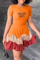 オレンジ カジュアル プリント レター O ネック ケーキ スカート ドレス