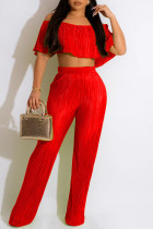 Red Sexy Solid Patchwork Fold Off the Shoulder Half Sleeve Two Pieces