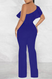 Blue Casual Solid Bandage Patchwork Flounce Oblique Collar Straight Jumpsuits