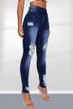 Tiefblaue, lässige, solide, zerrissene Skinny Denim Jeans mit hoher Taille