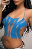 Blue Sexy Patchwork Bandage See-through Backless Halter Tops