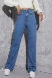 Blue Casual Solid Patchwork Straight Denim Jeans