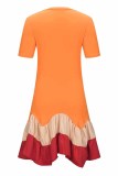 オレンジ カジュアル プリント レター O ネック ケーキ スカート ドレス