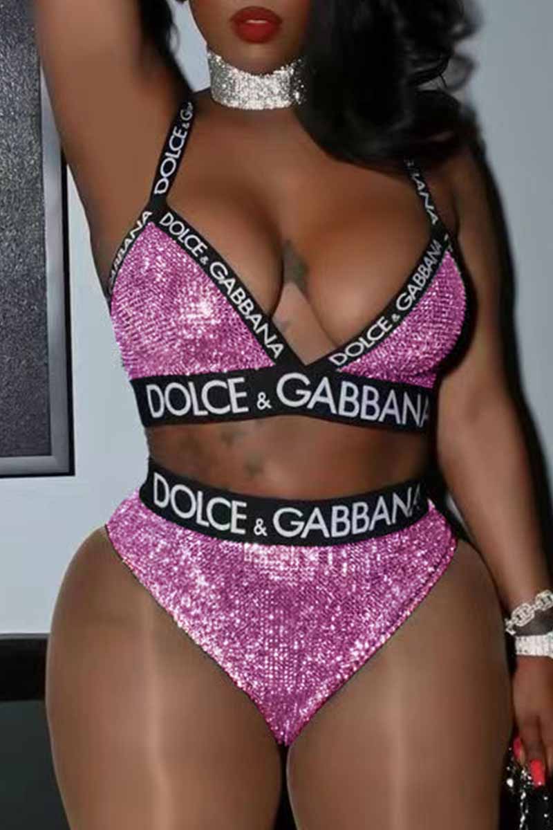 

Purple Sexy Letter Patchwork Swimwears