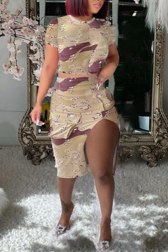 Khaki Casual Print Patchwork O Neck Short Sleeve Two Pieces