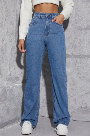Blue Casual Solid Patchwork Straight Denim Jeans