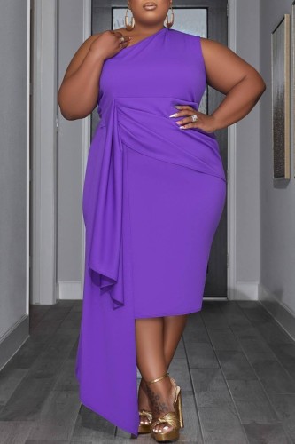 Фиолетовое повседневное однотонное платье в стиле пэчворк с косым воротником без рукавов Платья больших размеров