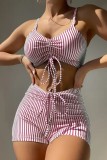 Red Sexy Striped Print Draw String Frenulum Backless Swimwears (With Paddings)