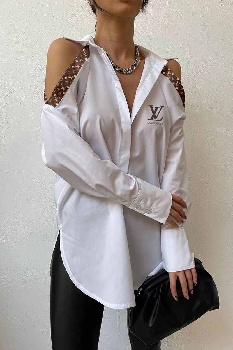 

White Casual Elegant Print Letter Turndown Collar Tops