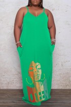 Зеленое сексуальное повседневное длинное платье с открытой спиной и бретельками с принтом Платья больших размеров