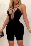 Blue Sexy Solid Hollowed Out Backless Spaghetti Strap Skinny Romper