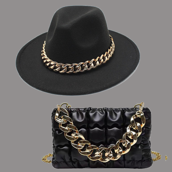 Sombrero negro de cadenas de patchwork de celebridades de la calle (sombrero + bolso)