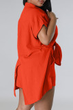 Tangerine Red Casual Solid Patchwork Buckle Slit Turndown Collar Short Sleeve Two Pieces