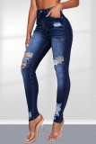 Tiefblaue, lässige, solide, zerrissene Skinny Denim Jeans mit hoher Taille