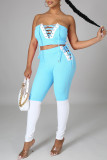 Light Blue Sexy Casual Solid Bandage Patchwork Backless Contrast Strapless Sleeveless Two Pieces