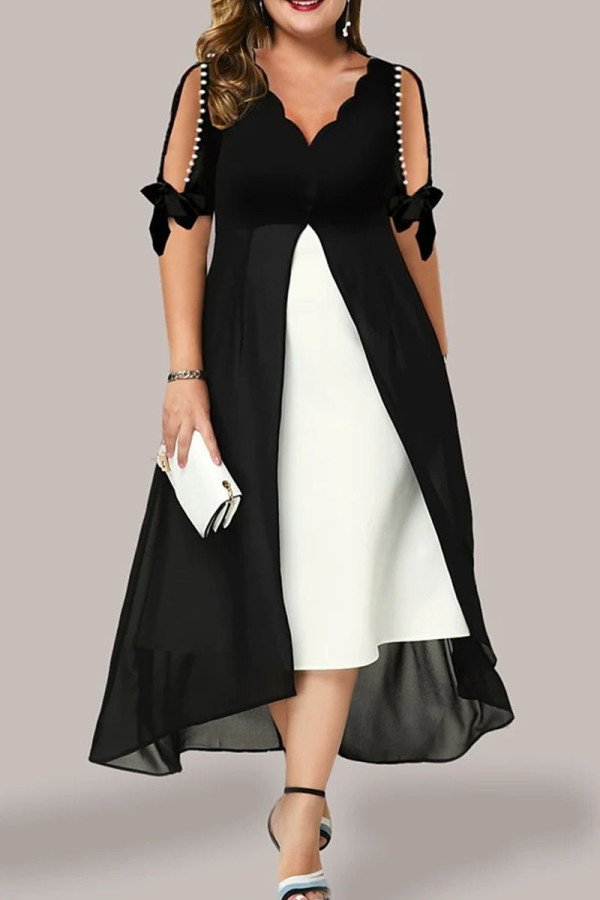 Svarta Casual Solid Patchwork V-hals raka klänningar