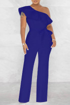 Blue Casual Solid Bandage Patchwork Flounce Oblique Collar Straight Jumpsuits