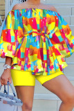 Green Yellow Casual Print Patchwork Off the Shoulder Long Sleeve Two Pieces