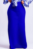 Blaue, elegante, solide Patchwork-Hosen mit hoher Taille und gerader, einfarbiger Hose