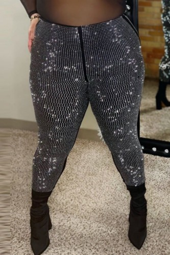 Pantalon taille haute taille haute patchwork décontracté noir argenté