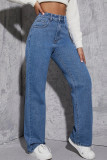 Синие повседневные прямые джинсы из однотонной ткани в стиле пэчворк