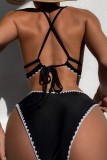 Svarta sexiga solida rygglösa korsremmar badkläder (med vadderingar)