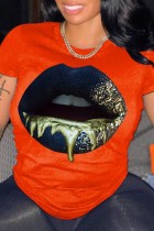 Orange Casual Lips Printed Basic O Neck T-Shirts