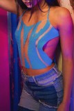 Blue Sexy Patchwork Bandage See-through Backless Halter Tops